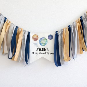 Boy high chair banner, First trip around the sun birthday, Outer space birthday, Custom name blue banner
