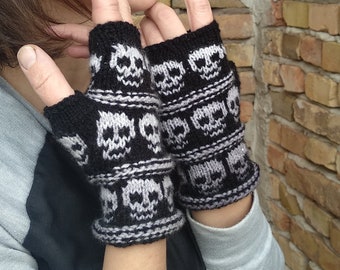 Goth Fingerless Gloves, Gothic Style, Arm Wamers with Skulls, Women Skeleton Wrist Warmers