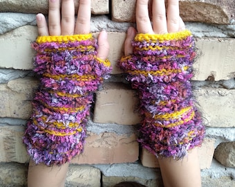 Flaffy Shaggy Arm Warmers for Girls, Personalized Gift for Kids, Todler Fingerless Mittens, Pink an Yellow