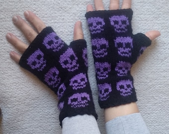 Goth Arm Warmers with Purple Skulls, Emo Fingerless Gloves with Pink Skeletons, Halloween Mittens, Women Gothic Wrist Warmers Gift