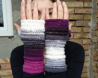 Purple Gray White Arm Warmers, Gradient Color Gothic Fingerless Gloves, Vegan Mittens for Women