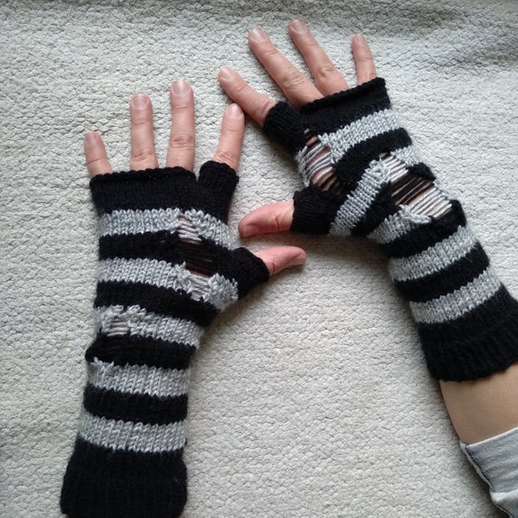Striped Unisex Gray Arm Warmers Emo Fingerless Gloves With -