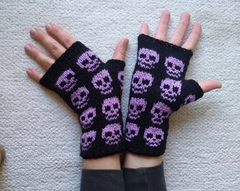 Knitted Gloves for Women Men Arm Fingerless Winter Halloween Skeleton Embroidery Mittens Long Skull Gloves 
