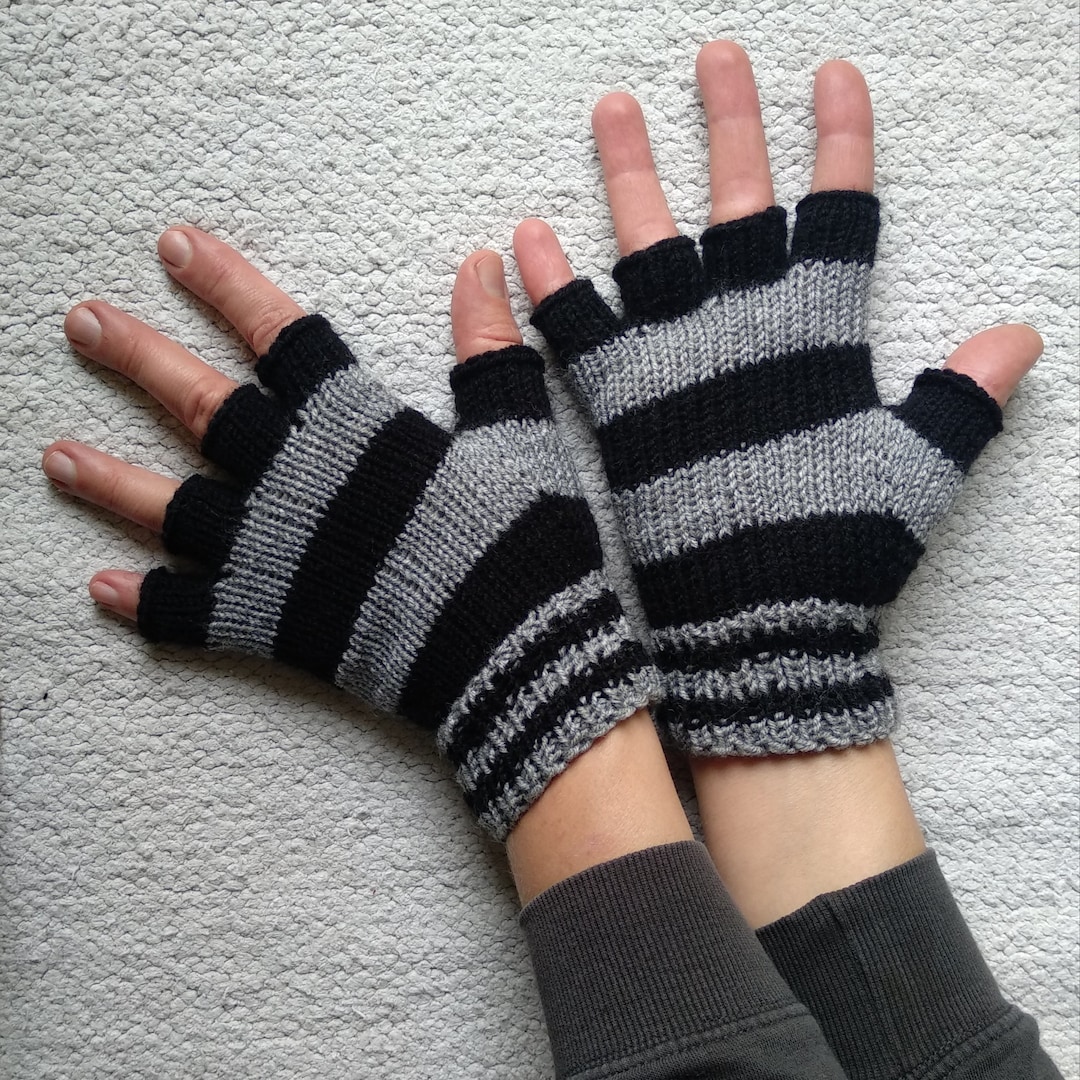 Striped Black and Gray Gloves With Half Fingers, Unisex Etsy