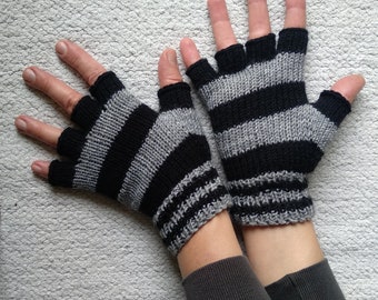 Striped Black and Gray Gloves with Half Fingers, Unisex