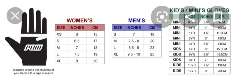 May include: A size chart for gloves, showing measurements in inches and centimeters for women's, men's, and children's sizes. The chart includes a diagram showing how to measure your hand.