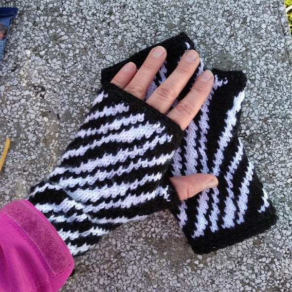 Zebra Arm Warmers, Women Fingerless Gloves with Animal Print, Striped Black and White Glovelets
