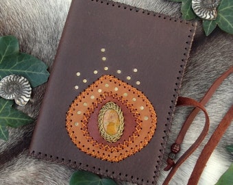 Carnet en cuir et cabochon en Jaspe, pierre semi-précieuse, carnet cuir et pierre, format A6,  fait main, pièce unique, carnet ethnique