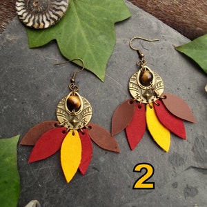 Boucles d'oreilles ethniques, cuir et pierres, perles en Œil de Tigre pierres fines bijou ethnique, tribal, fait main, artisanal Boucles d'oreilles 2