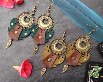 Boucles d'oreilles en cuir,  bijou ethnique, tribal, boucles d'oreilles bohème, fait main