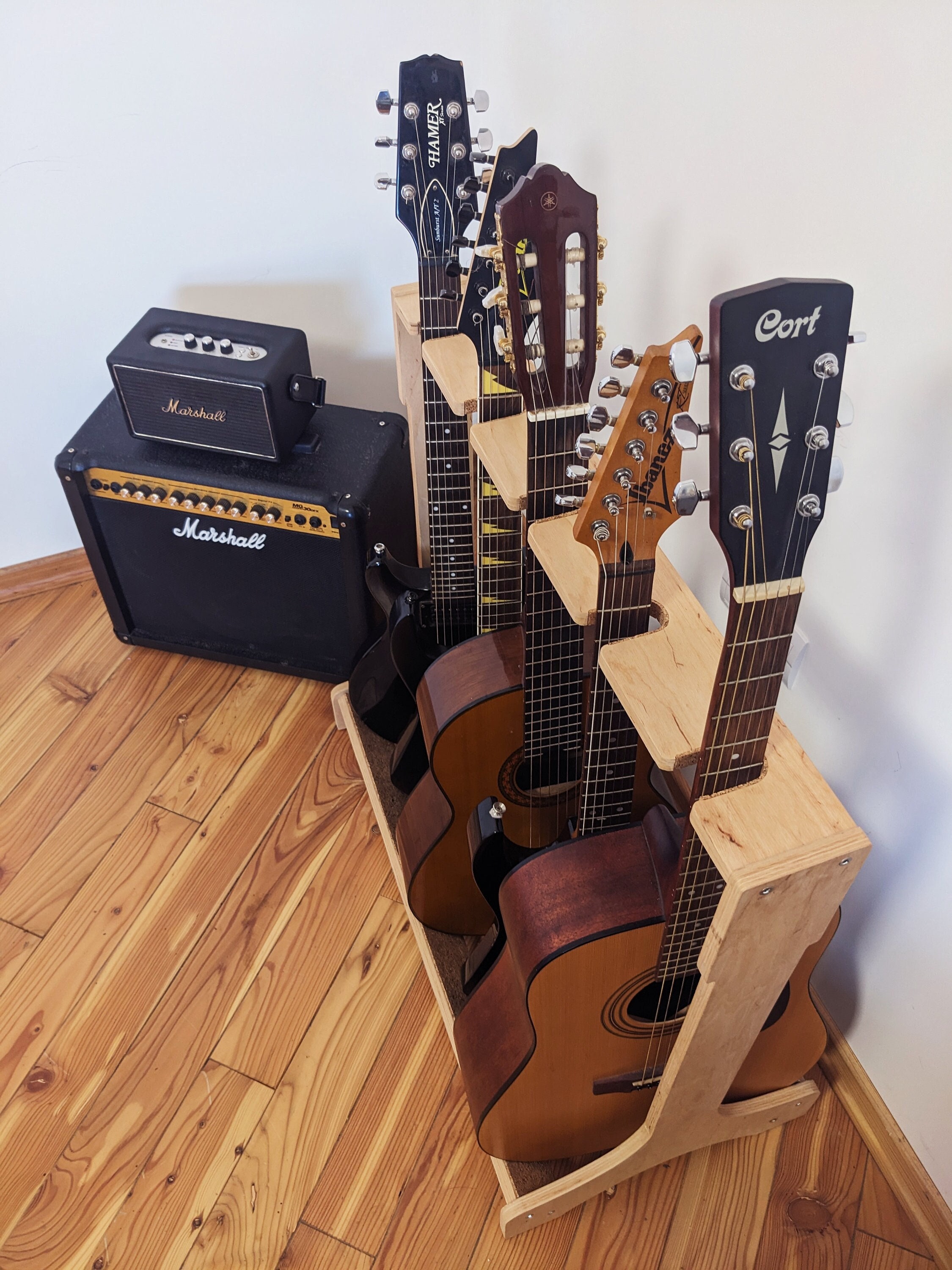 Acoustic Guitar Stand, Hand Built Engraved Wood Guitar Stand