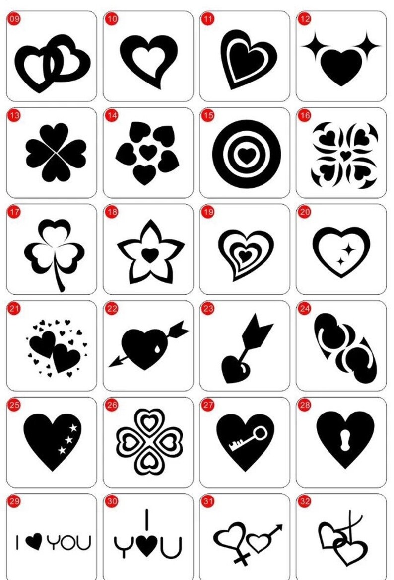 May include: A sheet of 32 black and white stencils for creating heart-themed designs. The stencils are numbered 9 through 32 and feature various heart shapes, including interlocking hearts, hearts with arrows, and hearts with stars.