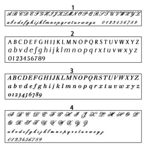 May include: Four different font styles for the alphabet, numbers 0-9, and the symbols "@" and "&"