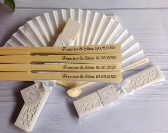 Gepersonaliseerde zijden handwaaier trouwbedankjes met geschenkdoos