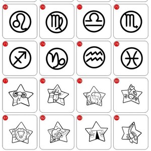 May include: A black and white illustration of the 12 zodiac signs in a grid format. Each sign is depicted within a circle. The signs are: Aries, Taurus, Gemini, Cancer, Leo, Virgo, Libra, Scorpio, Sagittarius, Capricorn, Aquarius, and Pisces.