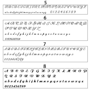 May include: A set of four alphabet and number stencils in black ink on a white background. The stencils are numbered 5, 6, 7, and 8. Each stencil features a different font style for the alphabet and numbers.