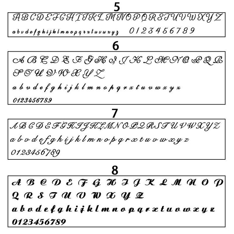 May include: A set of four alphabet and number stencils in black ink on a white background. The stencils are numbered 5, 6, 7, and 8. Each stencil features a different font style for the alphabet and numbers.