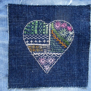 Parche de corazón Boro Sashiko: aplique de mezclilla reciclada, puntada lenta (15 x 15 cm)