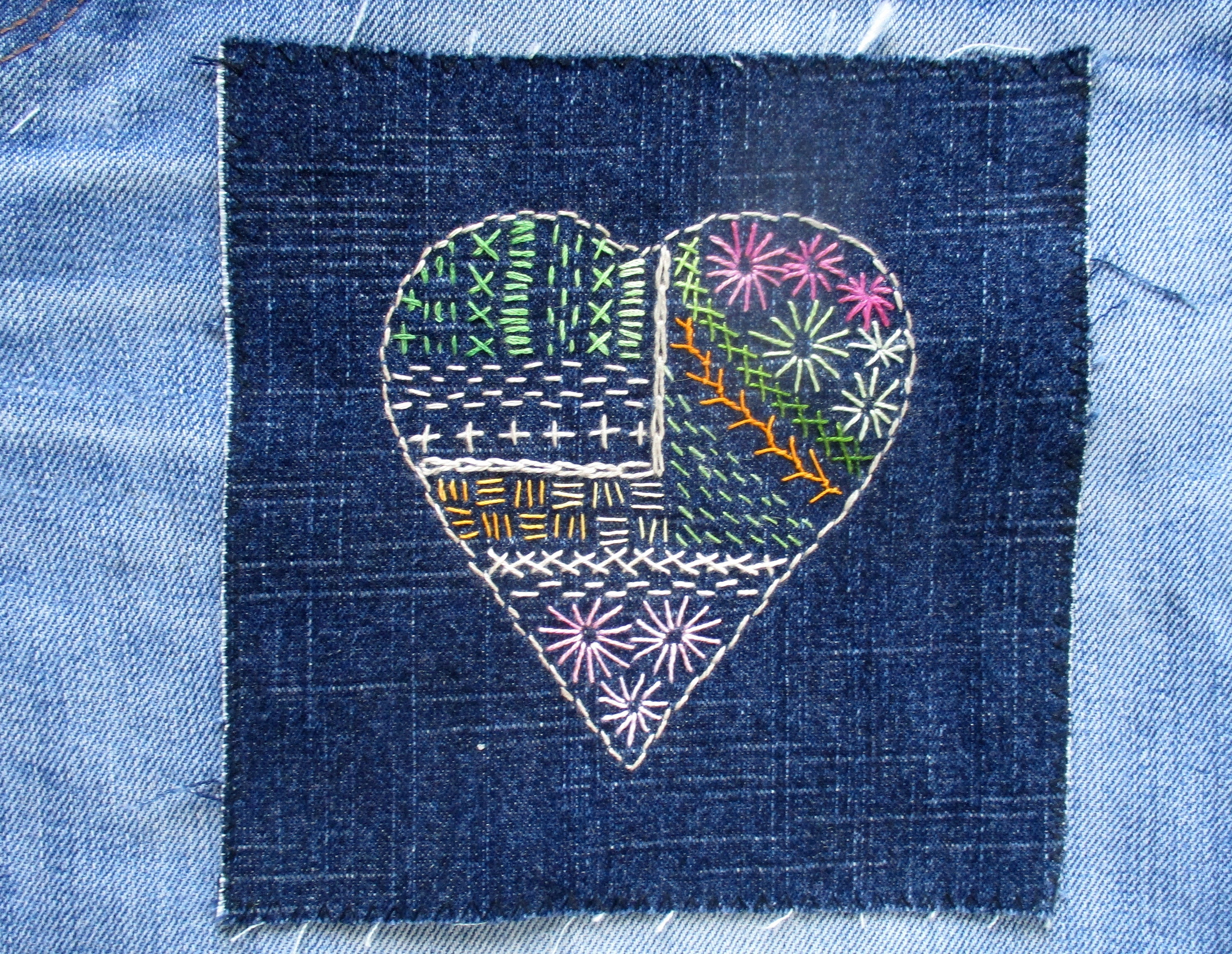 Boro Sashiko Heart Patch: Recycled Denim Applique, Slow Stitch (6x6 inches)