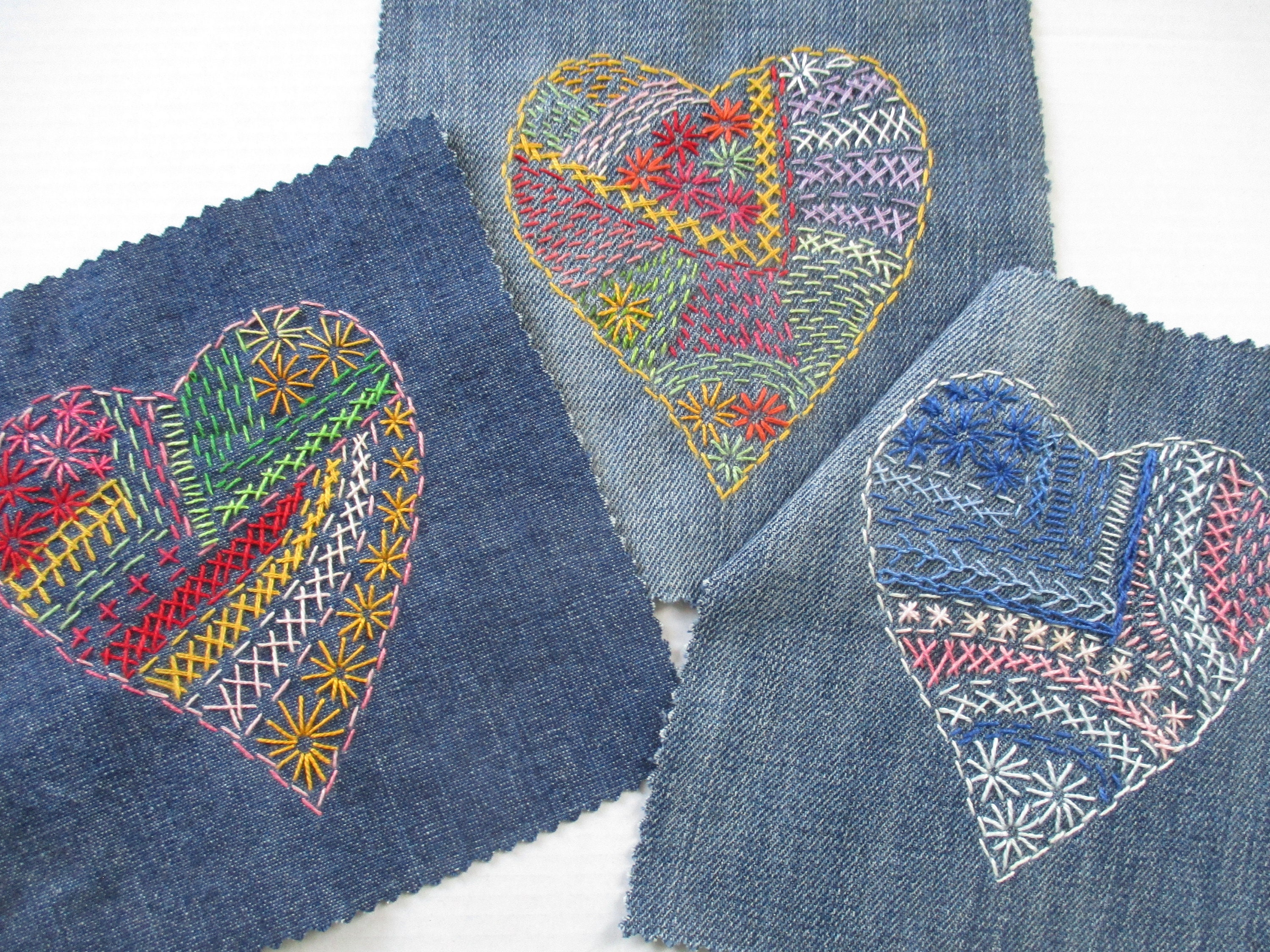 Colorful Boro Hand Embroidered Sew-on Denim Patch Wearable Art Patch  Sustainable Fashion Visible Mending Patched Jeans Boho Embellishment 