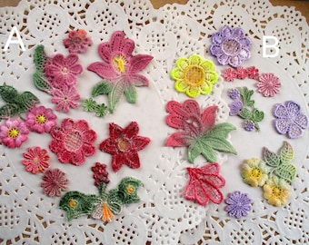 Aplikacje z koronki weneckiej barwionej ręcznie: zestaw do ozdabiania metodą Crazy Quilt (10 szt.)