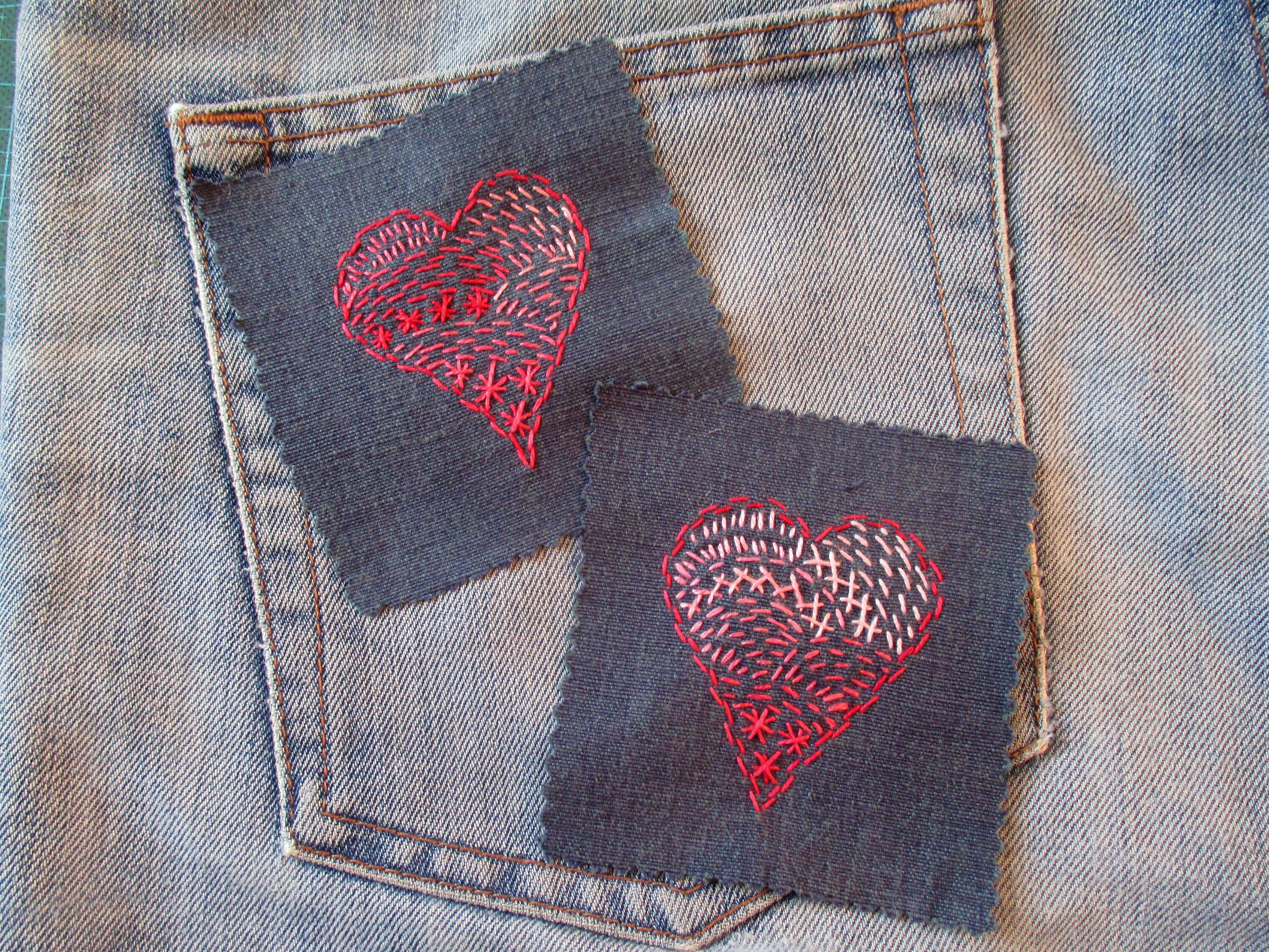 【BOK PLACE】Raw Red Stitch Heart Embroidery Wide Denim PT 2 Heart Patches to Iron on Red, Application Heart Dotted