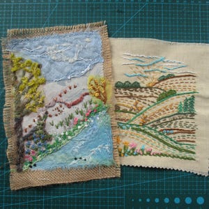 Textielkunst Landschapsfoto's, efemere rommeldagboeken, kaarten van verschillende stoffen, geborduurd, rustieke landschapskaarten, wanddecor Langzaam naaien