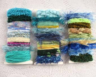 Various Art yarn bundle Lagoon Weaving fiber sample pack Fiber art kit for tassels, mixed media, trim 10 or 20 yards