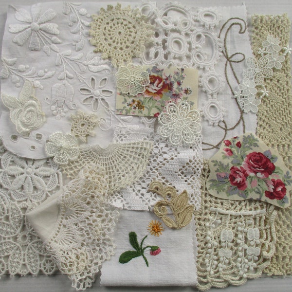 Vintage lace scraps kit, Lace snippets inspiration Kit, Slow stitch craft pack, Old Lace snippets grab bag 24 pieces
