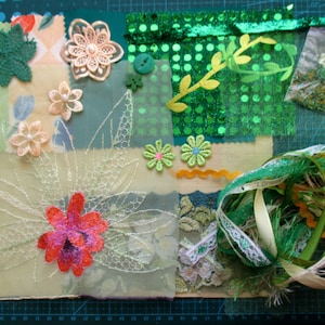 Fabric scraps pack Slow stitch kit in green Inspiration kit DIY