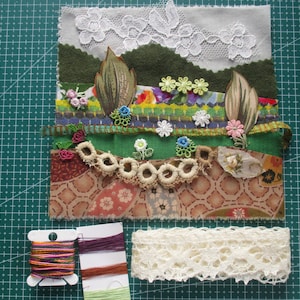 Slow Stitch Kit LANDSCAPE for Beginners, Fabric Art, Textile collage kit, Craft kit, Slow stitching, Landscape picture, Inspiration bundle