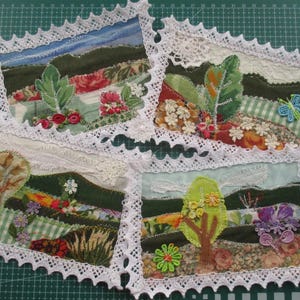 Textielkunstkaarten, textielfoto's, efemere rommeldagboeken, verschillende stofclusters, kunstclusters, rustieke landschapskaarten, wanddecoratie
