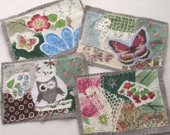 Écusson d'art textile fait main : collage de tissus, art portable