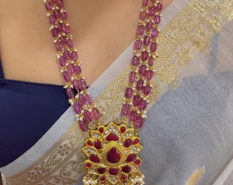 22K Gold Hallmarked Diamond Polki Red Ruby Pearl Necklace Jewelry Set-Bridal Traditional Indian Choker