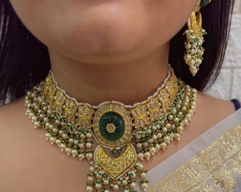 22K Gold Hallmarked Diamond Polki Green Choker Necklace Jewelry Set-Traditional Bridal Indian Jewelry