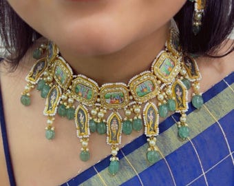 22K Gold Hallmarked Diamond Polki Green Choker Necklace Jewelry Set-Traditional Bridal Indian Jewelry