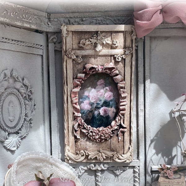 Côte d'Azur - Grand panneau médaillon Baroque - Cadre, Peinture - Shabby Chic - Objet miniature - Panneau -  Dollhouse 1/12e - OOAK