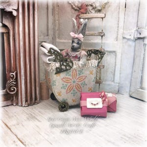 Romance - Flea market style pram, trolley, vintage stroller with Lady L - Decorative object - Shabby Chic - Dollhouse 1/12th - OOAK