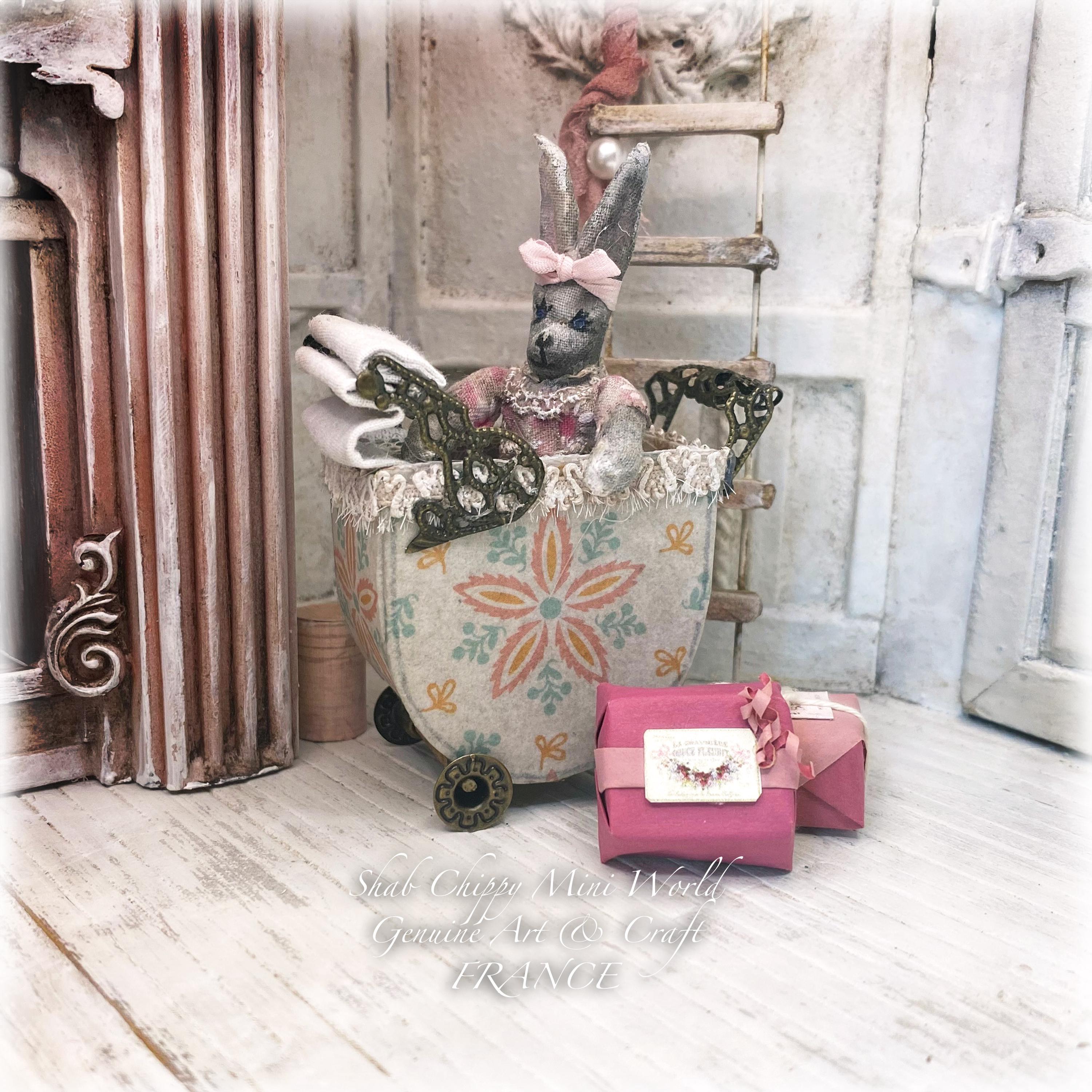 Romance - Flea market style pram, trolley, vintage stroller with Lady L - Decorative object - Shabby Chic - Dollhouse 1/12th - OOAK