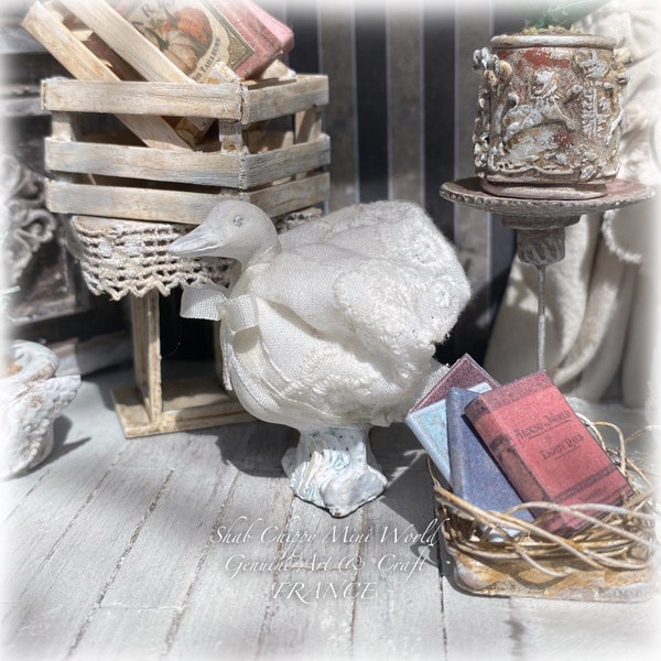 In Avignon - Goose animal sculpture dressed in a French lace cape with silk ribbon - Decorative Object - Shabby Chic - Dollhouse 1/12th - OOAK