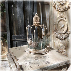 May include: A miniature cream-colored metal birdcage with a crown-shaped top, featuring a distressed finish. Inside the cage sits a small, textured brown sphere nestled among green moss. The text "Shab Chippy Mini-World Genuine Art & Craft FRANCE" is visible.
