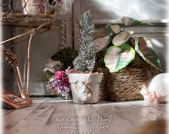 In ARLES - Provençal style stone rabbit pot with cypress - Planter - Garden space - Shabby Chic - Dollhouse 1/12th - OOAK