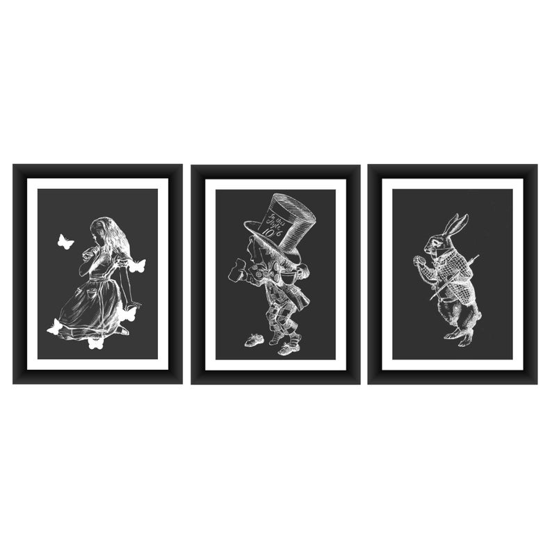 Black and White Wall Art Nursery Wall Art Alice in Wonderland Print Vintage Room Decor Set of 3 White Rabbit Mad Hatter