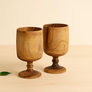 Wooden Wine Goblets Set of 2 | Handcrafted Teak Wood Stand Glasses for Wine, Juice & Cocktails | Rustic Drinkware for Home, Bar and Gifting
