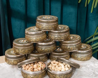 Handcrafted Meenakari Floral Storage Box: Golden Stainless Steel, Set of 12