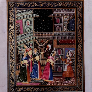 Handmade 1980s Rajasthani Mughal Miniature Painting - Regal Palace Scene Noble Women Detailed Gold Accents Traditional Indian Art Wall Decor