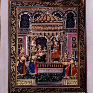Handmade 1980s Rajasthani Mughal Miniature Painting - Regal Palace Scene Noble Women Detailed Gold Accents Traditional Indian Art Wall Decor
