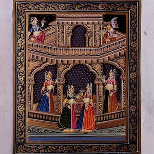 Handmade 1980s Rajasthani Mughal Miniature Painting - Regal Palace Scene Noble Women Detailed Gold Accents Traditional Indian Art Wall Decor
