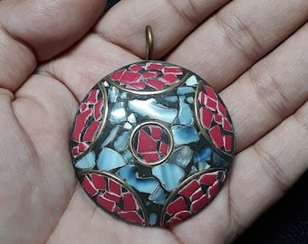 Handcrafted Mosaic Pendant – Red and Blue Stone Inlay, Bohemian Necklace