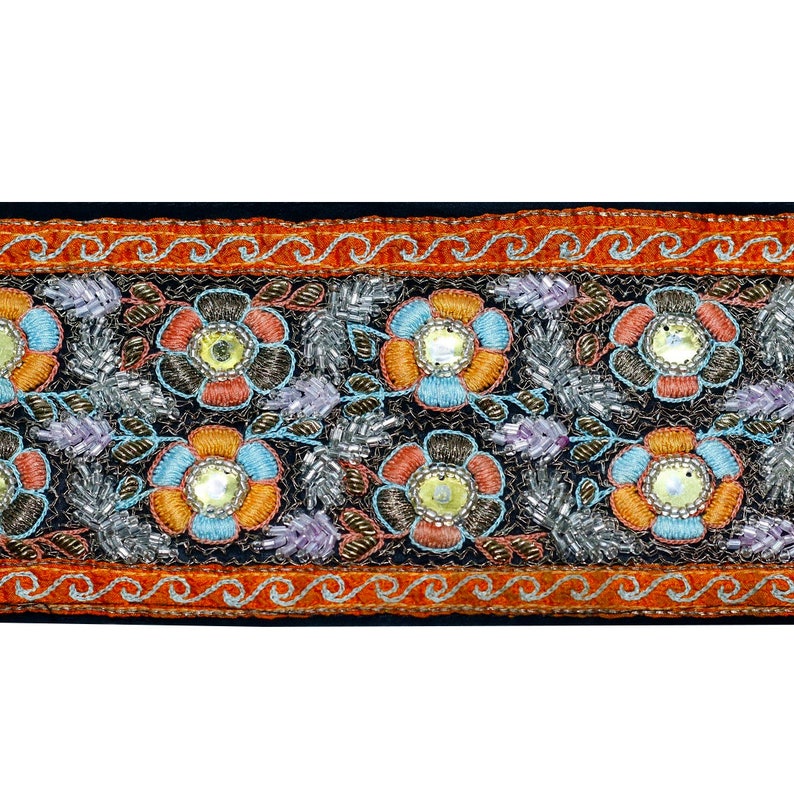 Vintage Sari Border Indian Craft Trim Hand Beaded Embroidered Ribbon Lace Black Vintage Sari Border Indian Craft Trim Hand Beaded Embroidered Ribbon Lace Black